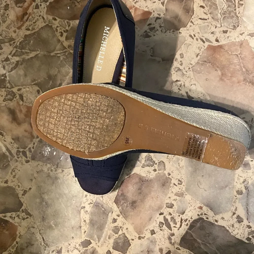 Michelle D Navy Peep Toe Espadrille Wedges, size 9